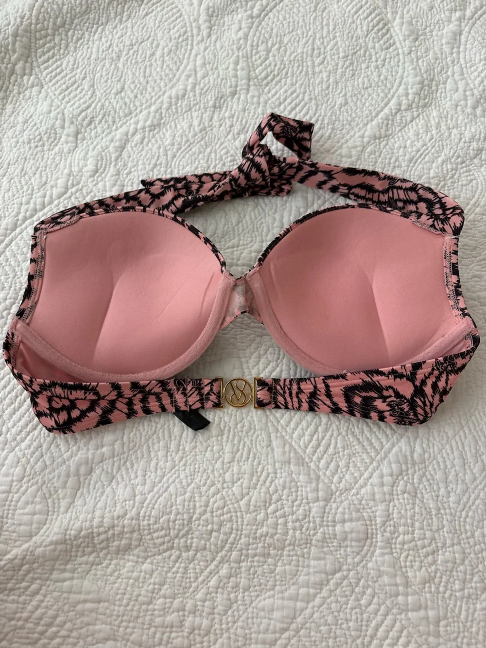 Victoria’s Secret Padded Push-Up Bikini Top. Blush/black w/clear sequins 34C